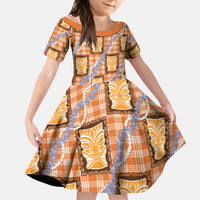 Aloha Hawaii Tiki Palaka Motifs Family Matching Tank Maxi Dress and Hawaiian Shirt Honohono Lei Orange Elegant Vibes LT14 Daughter's Dress Orange - Polynesian Pride