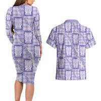 Aloha Hawaii Tiki Palaka Motifs Couples Matching Long Sleeve Bodycon Dress and Hawaiian Shirt Honohono Lei Purple Elegant Vibes LT14 - Polynesian Pride