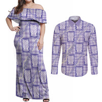 Aloha Hawaii Tiki Palaka Motifs Couples Matching Off Shoulder Maxi Dress and Long Sleeve Button Shirt Honohono Lei Purple Elegant Vibes LT14 Purple - Polynesian Pride