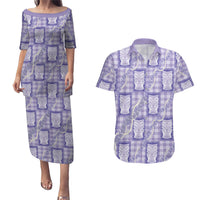 Aloha Hawaii Tiki Palaka Motifs Couples Matching Puletasi and Hawaiian Shirt Honohono Lei Purple Elegant Vibes LT14 Purple - Polynesian Pride