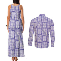 Aloha Hawaii Tiki Palaka Motifs Couples Matching Tank Maxi Dress and Long Sleeve Button Shirt Honohono Lei Purple Elegant Vibes LT14 - Polynesian Pride