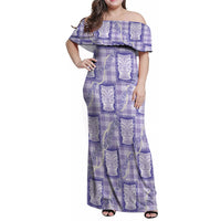 Aloha Hawaii Tiki Palaka Motifs Family Matching Off Shoulder Maxi Dress and Hawaiian Shirt Honohono Lei Purple Elegant Vibes LT14 Mom's Dress Purple - Polynesian Pride