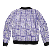 Aloha Hawaii Tiki Palaka Motifs Sleeve Zip Bomber Jacket Honohono Lei Purple Elegant Vibes