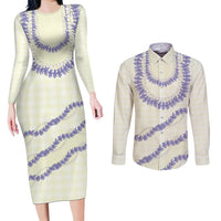 Hawaii Honohono Palaka Motifs Couples Matching Long Sleeve Bodycon Dress and Long Sleeve Button Shirt Hawaiian Orchid Lei LT14 Cream - Polynesian Pride
