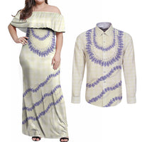 Hawaii Honohono Palaka Motifs Couples Matching Off Shoulder Maxi Dress and Long Sleeve Button Shirt Hawaiian Orchid Lei LT14 Cream - Polynesian Pride