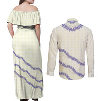 Hawaii Honohono Palaka Motifs Couples Matching Off Shoulder Maxi Dress and Long Sleeve Button Shirt Hawaiian Orchid Lei LT14 - Polynesian Pride