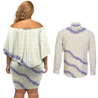 Hawaii Honohono Palaka Motifs Couples Matching Off Shoulder Short Dress and Long Sleeve Button Shirt Hawaiian Orchid Lei LT14 - Polynesian Pride