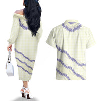 Hawaii Honohono Palaka Motifs Couples Matching Off The Shoulder Long Sleeve Dress and Hawaiian Shirt Hawaiian Orchid Lei LT14 - Polynesian Pride