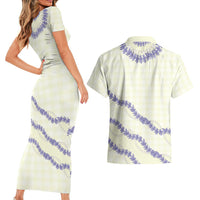 Hawaii Honohono Palaka Motifs Couples Matching Short Sleeve Bodycon Dress and Hawaiian Shirt Hawaiian Orchid Lei LT14 - Polynesian Pride