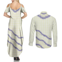 Hawaii Honohono Palaka Motifs Couples Matching Summer Maxi Dress and Long Sleeve Button Shirt Hawaiian Orchid Lei LT14 - Polynesian Pride