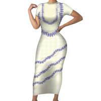Hawaii Honohono Palaka Motifs Short Sleeve Bodycon Dress Hawaiian Orchid Lei