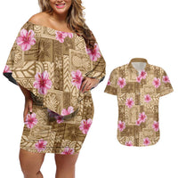 Beige Hawaii Hibiscus With Tropical Flowers Motifs Couples Matching Off Shoulder Short Dress and Hawaiian Shirt - Polynesian Pride