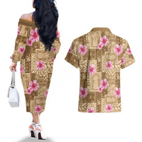 Beige Hawaii Hibiscus With Tropical Flowers Motifs Couples Matching Off The Shoulder Long Sleeve Dress and Hawaiian Shirt - Polynesian Pride