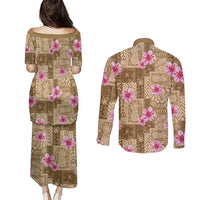 Beige Hawaii Hibiscus With Tropical Flowers Motifs Couples Matching Puletasi and Long Sleeve Button Shirt - Polynesian Pride