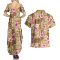 Beige Hawaii Hibiscus With Tropical Flowers Motifs Couples Matching Summer Maxi Dress and Hawaiian Shirt - Polynesian Pride