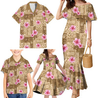 Beige Hawaii Hibiscus With Tropical Flowers Motifs Family Matching Mermaid Dress and Hawaiian Shirt - Polynesian Pride