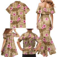 Beige Hawaii Hibiscus With Tropical Flowers Motifs Family Matching Mermaid Dress and Hawaiian Shirt - Polynesian Pride