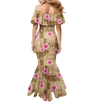 Beige Hawaii Hibiscus With Tropical Flowers Motifs Family Matching Mermaid Dress and Hawaiian Shirt - Polynesian Pride