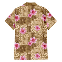 Beige Hawaii Hibiscus With Tropical Flowers Motifs Family Matching Off The Shoulder Long Sleeve Dress and Hawaiian Shirt LT14 - Polynesian Pride