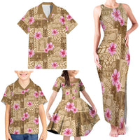 Beige Hawaii Hibiscus With Tropical Flowers Motifs Family Matching Tank Maxi Dress and Hawaiian Shirt - Polynesian Pride