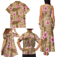Beige Hawaii Hibiscus With Tropical Flowers Motifs Family Matching Tank Maxi Dress and Hawaiian Shirt - Polynesian Pride