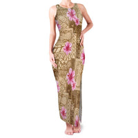 Beige Hawaii Hibiscus With Tropical Flowers Motifs Family Matching Tank Maxi Dress and Hawaiian Shirt - Polynesian Pride