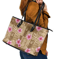 Beige Hawaii Hibiscus With Tropical Flowers Motifs Leather Tote Bag - Polynesian Pride