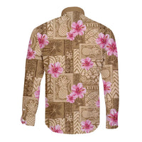 Beige Hawaii Hibiscus With Tropical Flowers Motifs Long Sleeve Button Shirt - Polynesian Pride