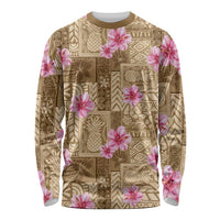 Beige Hawaii Hibiscus With Tropical Flowers Motifs Long Sleeve Shirt - Polynesian Pride