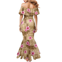 Beige Hawaii Hibiscus With Tropical Flowers Motifs Mermaid Dress - Polynesian Pride