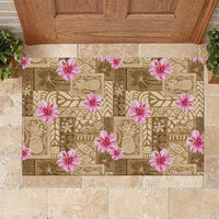 Beige Hawaii Hibiscus With Tropical Flowers Motifs Rubber Doormat - Polynesian Pride