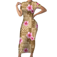 Beige Hawaii Hibiscus With Tropical Flowers Motifs Short Sleeve Bodycon Dress - Polynesian Pride