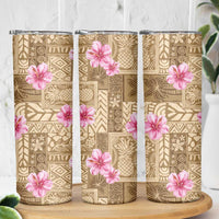 Beige Hawaii Hibiscus With Tropical Flowers Motifs Skinny Tumbler - Polynesian Pride