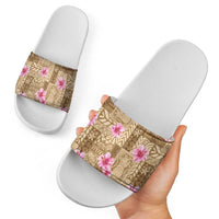 Beige Hawaii Hibiscus With Tropical Flowers Motifs Slide Sandals - Polynesian Pride