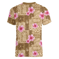 Beige Hawaii Hibiscus With Tropical Flowers Motifs Women V-Neck T-Shirt - Polynesian Pride