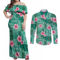 Cyan Hawaii Hibiscus With Tropical Flowers Motifs Couples Matching Off Shoulder Maxi Dress and Long Sleeve Button Shirt - Polynesian Pride