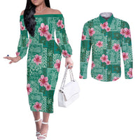 Cyan Hawaii Hibiscus With Tropical Flowers Motifs Couples Matching Off The Shoulder Long Sleeve Dress and Long Sleeve Button Shirt - Polynesian Pride