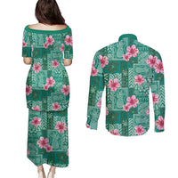 Cyan Hawaii Hibiscus With Tropical Flowers Motifs Couples Matching Puletasi and Long Sleeve Button Shirt - Polynesian Pride