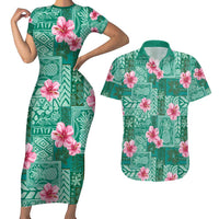 Cyan Hawaii Hibiscus With Tropical Flowers Motifs Couples Matching Short Sleeve Bodycon Dress and Hawaiian Shirt - Polynesian Pride