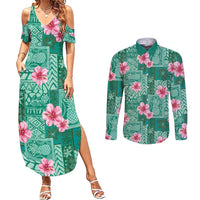 Cyan Hawaii Hibiscus With Tropical Flowers Motifs Couples Matching Summer Maxi Dress and Long Sleeve Button Shirt - Polynesian Pride