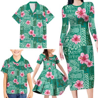 Cyan Hawaii Hibiscus With Tropical Flowers Motifs Family Matching Long Sleeve Bodycon Dress and Hawaiian Shirt - Polynesian Pride