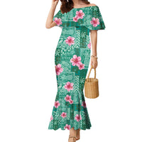 Cyan Hawaii Hibiscus With Tropical Flowers Motifs Family Matching Mermaid Dress and Hawaiian Shirt - Polynesian Pride