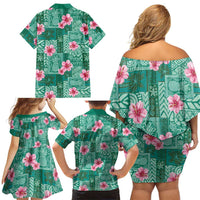 Cyan Hawaii Hibiscus With Tropical Flowers Motifs Family Matching Off Shoulder Short Dress and Hawaiian Shirt - Polynesian Pride
