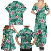 Cyan Hawaii Hibiscus With Tropical Flowers Motifs Family Matching Summer Maxi Dress and Hawaiian Shirt - Polynesian Pride