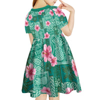 Cyan Hawaii Hibiscus With Tropical Flowers Motifs Kid Short Sleeve Dress - Polynesian Pride