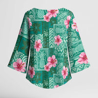 Cyan Hawaii Hibiscus With Tropical Flowers Motifs Kimono Sleeve Blouse - Polynesian Pride