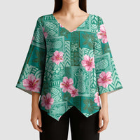 Cyan Hawaii Hibiscus With Tropical Flowers Motifs Kimono Sleeve Blouse - Polynesian Pride