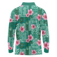 Cyan Hawaii Hibiscus With Tropical Flowers Motifs Long Sleeve Polo Shirt - Polynesian Pride