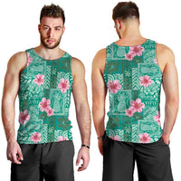 Cyan Hawaii Hibiscus With Tropical Flowers Motifs Men Tank Top - Polynesian Pride