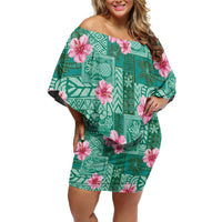 Cyan Hawaii Hibiscus With Tropical Flowers Motifs Off Shoulder Short Dress - Polynesian Pride